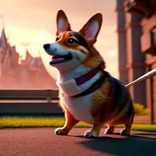 Image similar to weta disney pixar movie still photo of funny corgi with baseball bat : : corgi by pixar : : giant sign that says bonk : : by weta, greg rutkowski, wlop, ilya kuvshinov, rossdraws, artgerm, octane render, iridescent, bright morning, anime, liosh, mucha : :