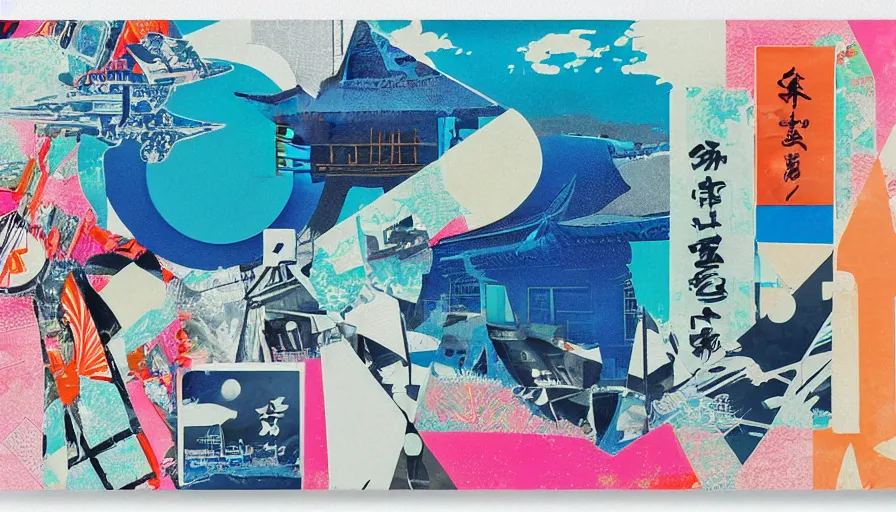 Image similar to Japan travel and adventure, minimalist negative space white acrylic base coat, minimalist perfect geometry coherent motif mixed media collage acrylic airbrush painting by Jules Julien, Leslie David and Lisa Frank, muted colors with minimalism, neon color mixed collage cutout details