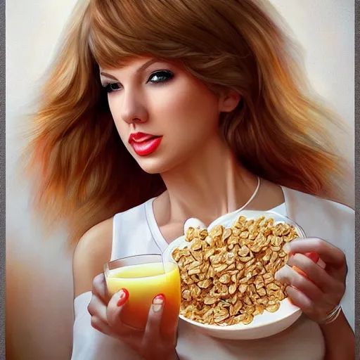 Prompt: Tayor Swift Taylor-O’s, breakfast cereal, part of a healthy breakfast, milk, high detail, tasty, by artgerm, deviantart