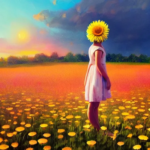 Prompt: head made of giant daisies, girl standing barefoot in a vast flower field, arms behind back, surreal photography, sunrise dramatic light, impressionist painting, colorful clouds, large sky, digital painting, artstation, simon stalenhag, flower face