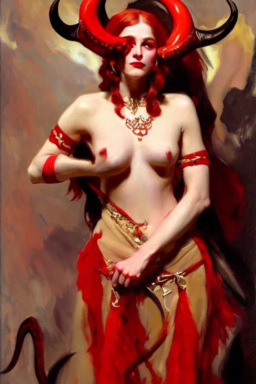Prompt: painted close - up portrait of a attractive red - skinned intimidating demon girl with ram horns! oil painting, wearing a noblewoman's outfit, fantasy art by john singer sargent and gaston bussiere, demon noble character design, hd