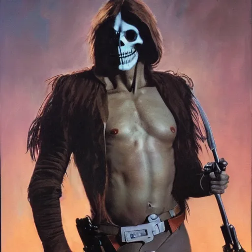 Image similar to ultra realistic portrait painting of skeletor as han solo, art by frank frazetta, 4 k, ultra realistic, highly detailed, epic lighting