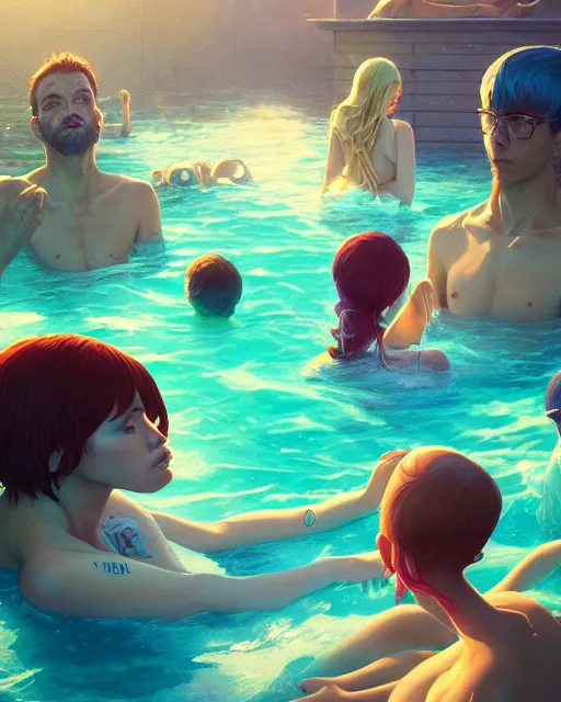 Image similar to highly detailed surreal vfx portrait of a pasta pool party, stephen bliss, unreal engine, greg rutkowski, loish, rhads, beeple, makoto shinkai and lois van baarle, ilya kuvshinov, rossdraws, tom bagshaw, global illumination, detailed and intricate environment