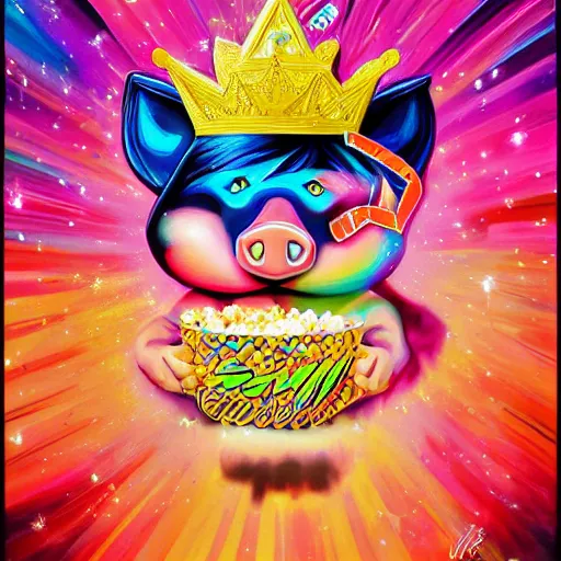 Image similar to lisa frank superhero pose pig wearing a gold crown throwing pop corn painting by android jones