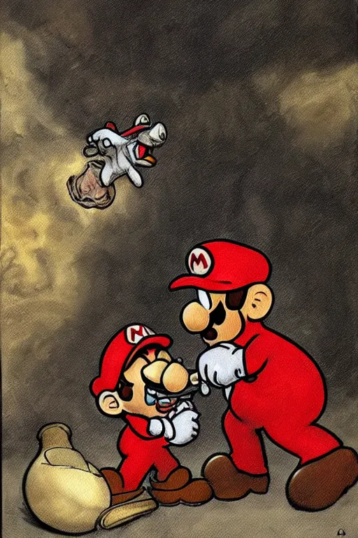 Prompt: mario and toad in the painting saturn devouring his son, digital art, nintendo style, goya, extremely detailed, grotesque