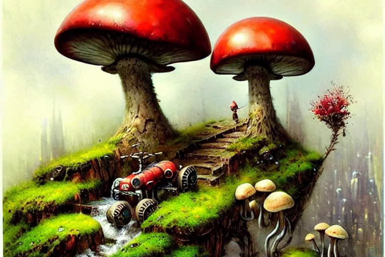 Image similar to adventurer ( ( ( ( ( 1 9 5 0 s retro future robot android mouse tractor in forrest of giant mushrooms, moss and flowers stone bridge waterfall. muted colors. ) ) ) ) ) by jean baptiste monge!!!!!!!!!!!!!!!!!!!!!!!!! chrome red