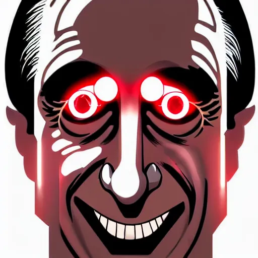 Image similar to bright glowing eyes, digital illustration of secretary of denis mcdonough face with demonic laser eyes, cover art of graphic novel, eyes replaced by glowing lights, glowing eyes, flashing eyes, balls of light for eyes, evil laugh, menacing, Machiavellian puppetmaster, villain, clean lines, clean ink