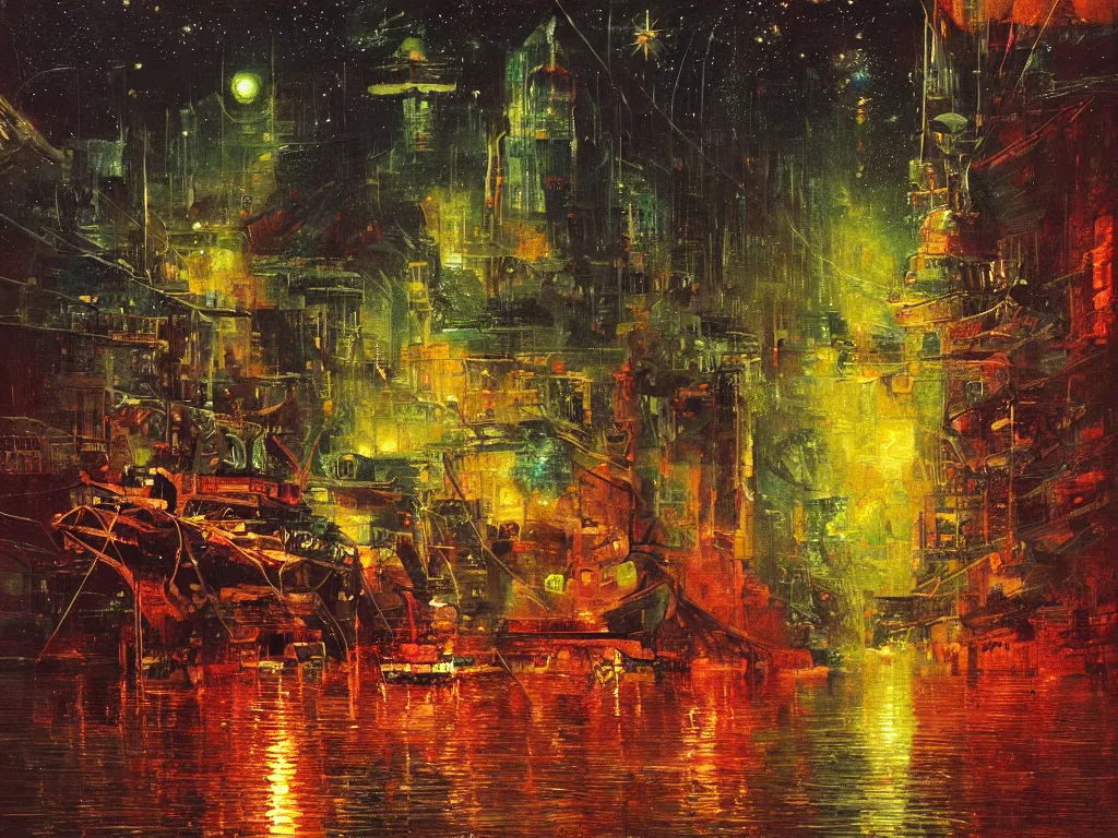 Image similar to river boats speeding between tree houses on flooded streets of new york painting, red and green palette, night lights, starry sky, by ( h. r. giger ) and paul lehr