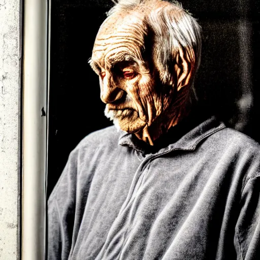 Image similar to a headless old man seen through a window