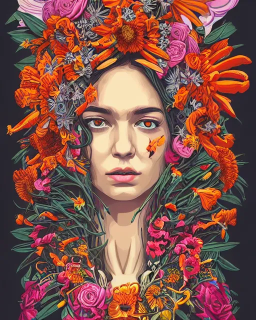 Prompt: floral priestess portrait adorned with decorative flowers and magma, tristan eaton, james jean, dan mumford