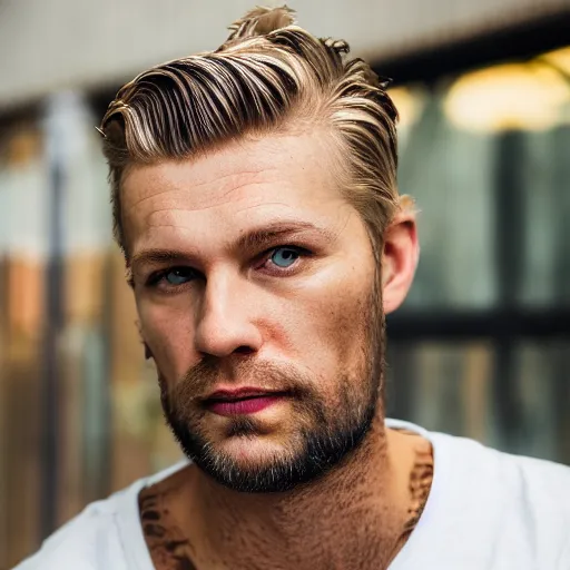 Image similar to close up of face of good looking 4 0 year old slavic blond man with blond stubble, very short wavy blond hair in a short pompadour style, pale skin, very dark blue eyes, hairy shoulders, hairy chest, portrait, 4 k