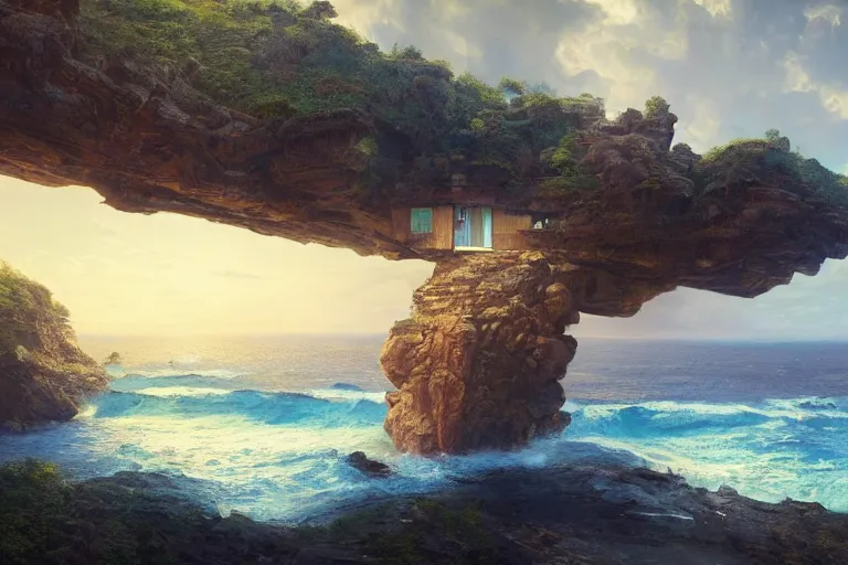 Image similar to lovely a - frame home sits atop a broad cliff, overlooking the entirety of the blue sky, digital painting by greg rutkowski and gaston bussiere, zbrush, cgsociety contest winner, comprehensive art, intricate, landscape photography, brightly radiant atmosphere, overcast sky, homogeneous to hawaii, 4 k, 8 k