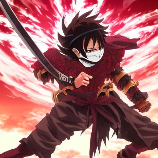 Prompt: handsome guy in demon slayer art, anime style, 4k , detailed, detailed face, high quality, smooth, sharp focus, beautiful scene, face high detail, mask, red background, detailed clothes, detailed hair, fight scene, flying flowers, detailed sword,