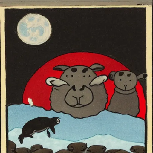 Image similar to cartoon drawing of a seal tossing a red ball with a sheep in antarctica. the seal's head is sticking out above the water and the sheep is standing near the edge of ice