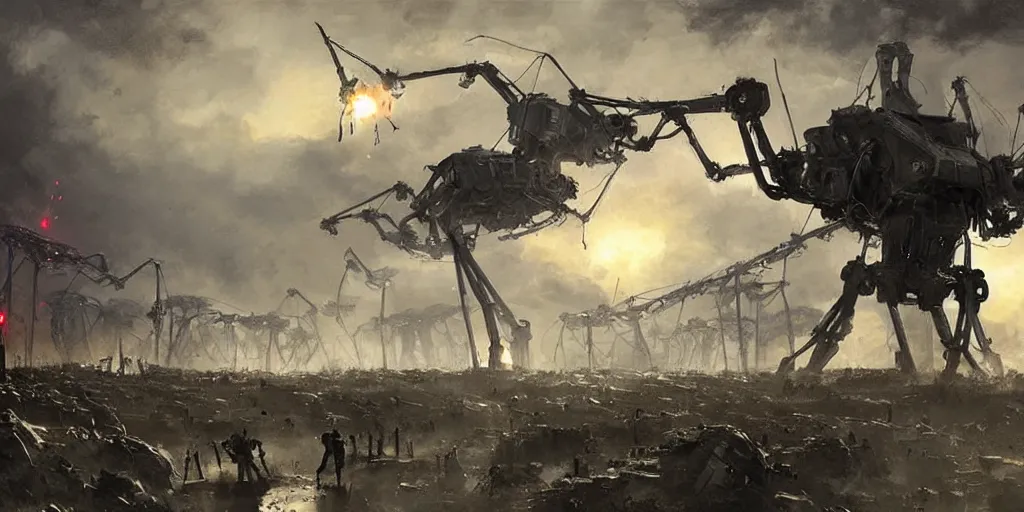 Image similar to war of the worlds, giant mech, human soldiers, intense fighting, glowing lights! digital painting, very detailed, art by jakub rozalski