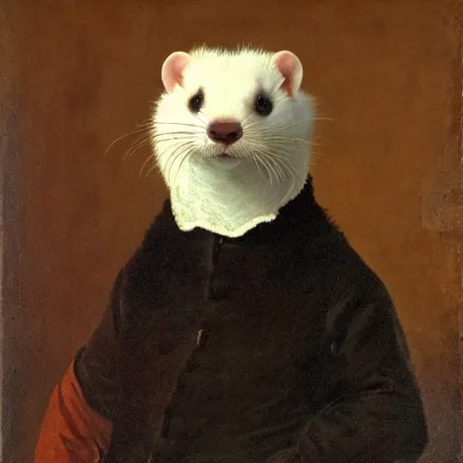 Prompt: Portrait of a Ferret with dark fur in a general outfit , painted by Jan Willem Pieneman, Courageous, Bold, painting, Bourgeois