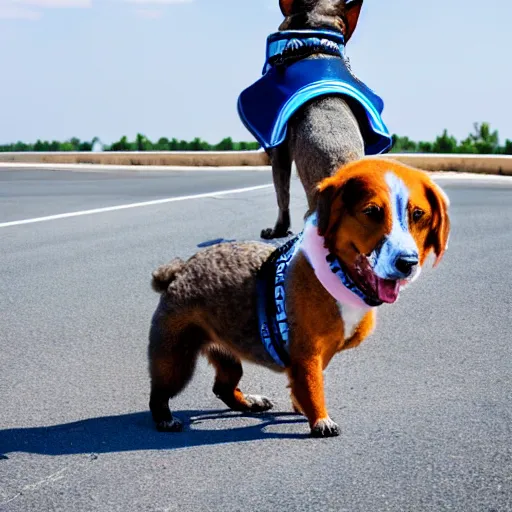 Image similar to blue heeler dog on a motorcycle, 8 k photography, blurred background of a wafflehouse