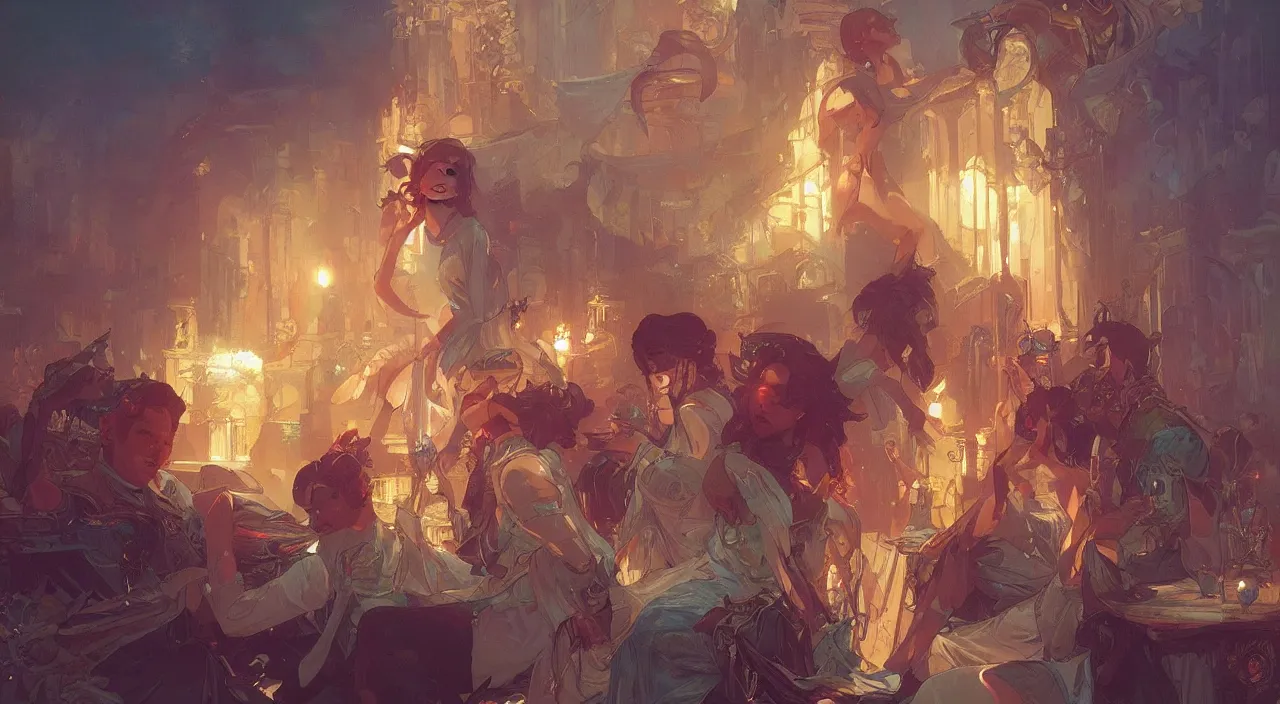 Image similar to bazaar zouk place sky shine digital painting, artstation, concept art, illustration, cinematic lighting, art by artgerm and greg rutkowski and alphonse mucha