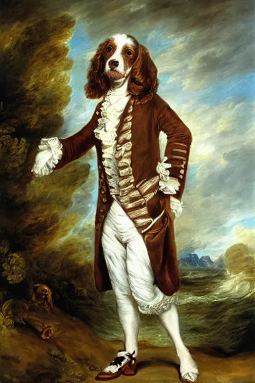 Image similar to A painted portrait of a brown haired springer spaniel wearing a sea captain's clothing, by Thomas Gainsborough, elegant, highly detailed, anthro, anthropomorphic dog