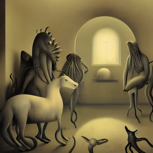 Prompt: group of creatures with distinct personalities, intertwined in an urban hotel room, several mirrors to other dimensions : : surreal architecture, chiaroscuro lighting, mysterious atmosphere : : a beautifully executed oil painting by leonora carrington, hieronymus bosch and james jean, ultra - detailed technical precision : : matte painting, high definition 3 d render, unreal engine