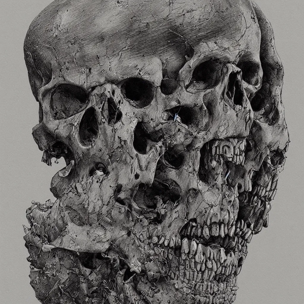 Image similar to a highly detailed skull done in the style of zdislaw beksinski