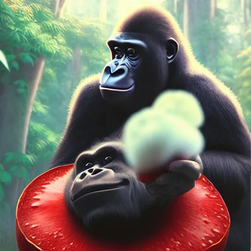 Image similar to a wholesome animation key shot of a gorilla holding a very small red mushroom, chilled out smirk on face, studio ghibli, pixar and disney animation, sharp, rendered in unreal engine 5, anime key art by greg rutkowski, bloom, dramatic lighting