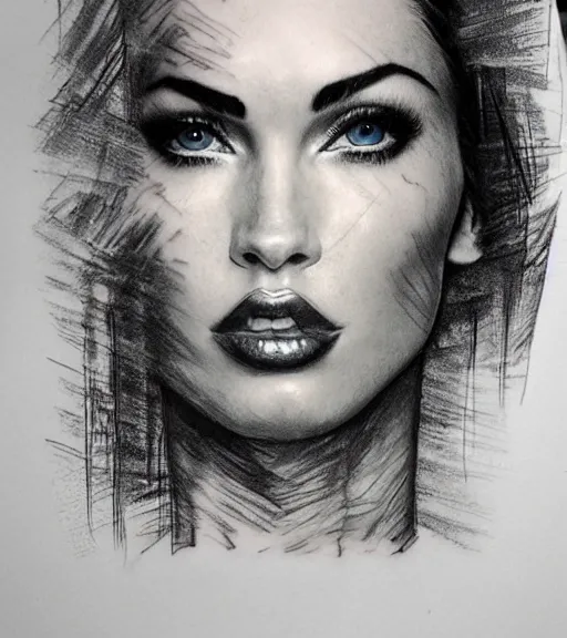 Image similar to realism tattoo sketch of a megan fox face double exposure mountain scenery, in the style of matteo pasqualin, amazing detail, sharp, faded