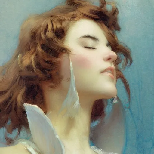 Prompt: a detailed fashion studio portrait of am angelic anime girl, eyes closed, painting by gaston bussiere, craig mullins, j. c. leyendecker