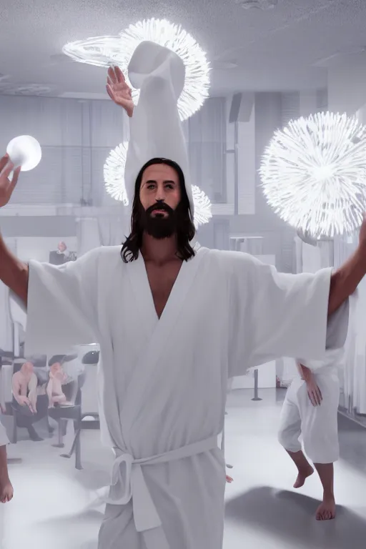 Image similar to jesus christ wearing a white robe strikes a dance pose in a hospital while playing epic game of ping pong, intricate, hyper detailed, accent lighting, dramatic light, 4 k octane render