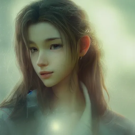 Image similar to beautiful aerith gainsborough, face centered portrait, confident, fog, rain, volumetric lighting, beautiful, golden hour, sharp focus, ultra detailed, cgsociety by leesha hannigan, ross tran, thierry doizon, kai carpenter, ignacio fernandez rios _ c 9. 5