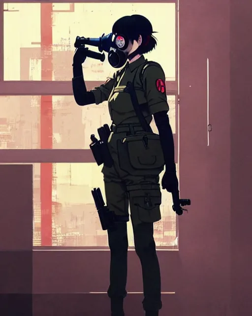 Image similar to girl wearing gas mask and uniform | | audrey plaza, fine detail!! anime!! realistic shaded lighting!! poster by ilya kuvshinov katsuhiro otomo ghost - in - the - shell, magali villeneuve, artgerm, jeremy lipkin and michael garmash and rob rey