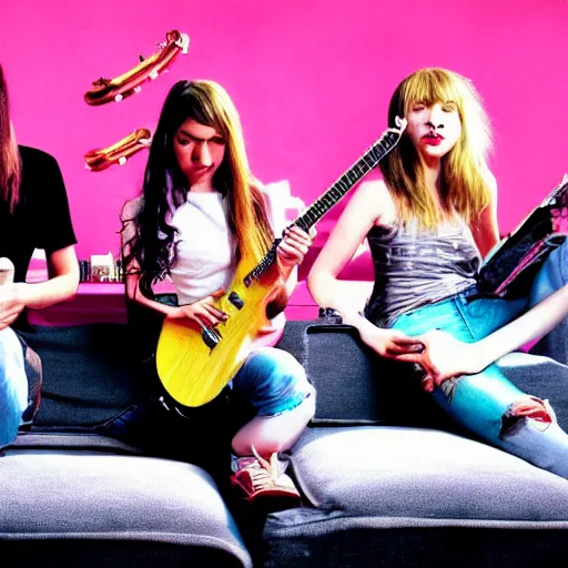 Image similar to rock band sitting on couches with girls surrealism