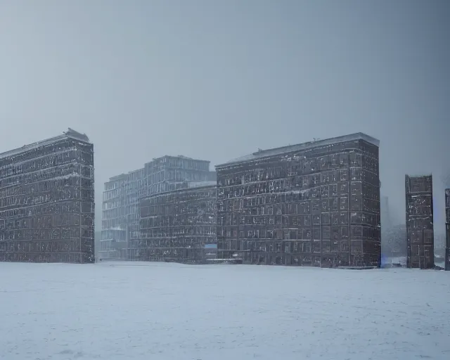 Image similar to a snow covered field with buildings in the background, a matte painting by zlatyu boyadzhiev, featured on unsplash, brutalism, nightscape, quantum wavetracing, photo taken with ektachrome