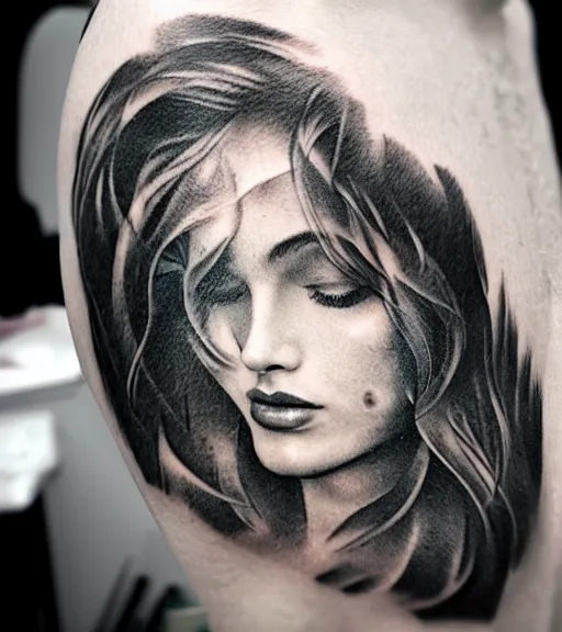 Prompt: tattoo design sketch of a beautiful woman face with a faded background of beautiful mountain nature on her side, hyper - realistic, double exposure effect, in the style of den yakovlev, amazing detail, black and white, faded