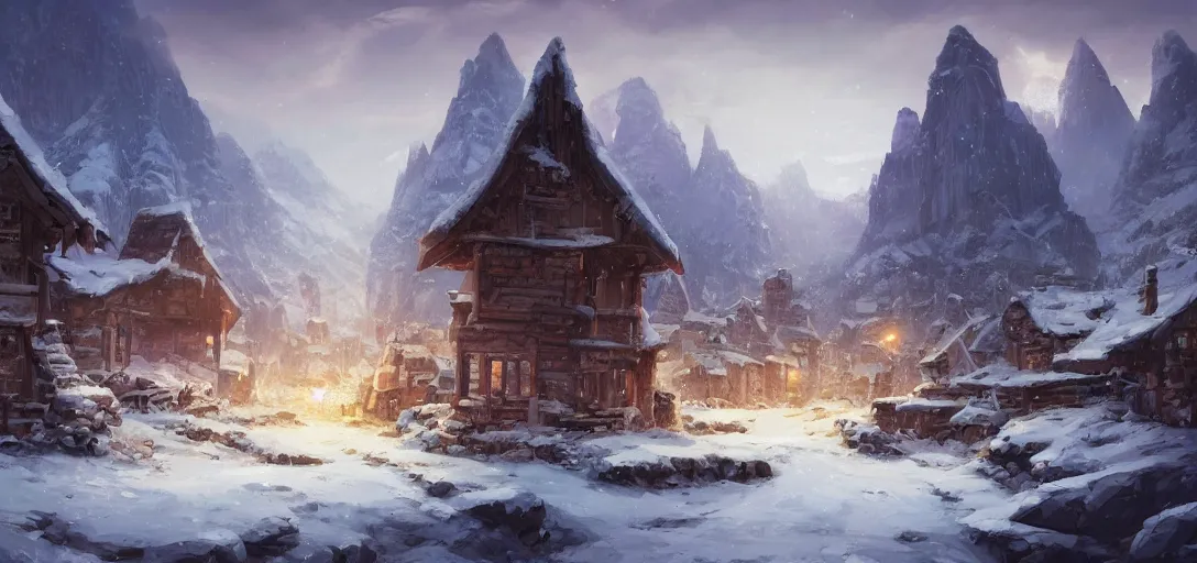 Prompt: snowy northern frontier town with palisade walls, tall pine forest and mountains in background, fantasy art, Jordan Grimmer, Noah Bradley