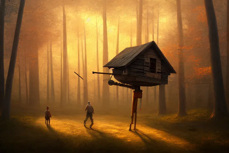 Image similar to a wood house walking with two mechanical legs, rust, hyperrealistic, highly detailed, cinematic, single ray of sun, fog, beautiful, cgssociety, artstation, 8 k, oil painting