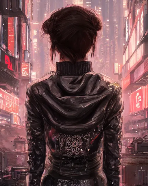 Prompt: detailed portrait guard woman with short brown hair seen from the back, cyberpunk futuristic, reflective puffer jacket, black leggings, decorated with traditional ornaments in front of a dystopian crowd with piles of garbage perfect face, fine details, realistic shaded, fine - face, pretty face by rossdraws