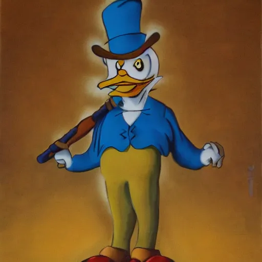 Image similar to Scrooge McDuck from the Duck Tales in blue costume standing on a mountain of gold and holding a cane, view from below, full body portrait, oil painting, highly detailed