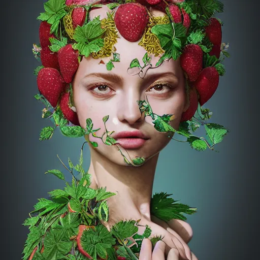 Image similar to the portrait of an absurdly beautiful, graceful, elegant, sophisticated, innocent woman made of strawberries and green petals looking up, an ultrafine hyperdetailed illustration by kim jung gi, irakli nadar, intricate linework, bright colors, octopath traveler, final fantasy, unreal engine 5 highly rendered, global illumination, radiant light, detailed and intricate environment