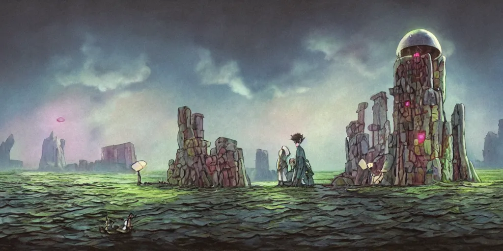 Image similar to a realistic and atmospheric cell - shaded concept art from howl's moving castle ( 2 0 0 4 ) of a multi - colored cube from close encounters of the third kind ( 1 9 7 7 ) over a flooded stonehenge. it is a misty starry night. very dull colors, hd, 4 k, hq