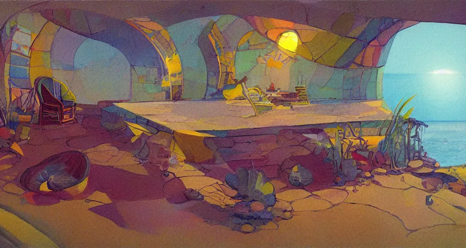 Image similar to seashell house, still life, concept art by bill sienkiwicz and john harris, triadic color scheme