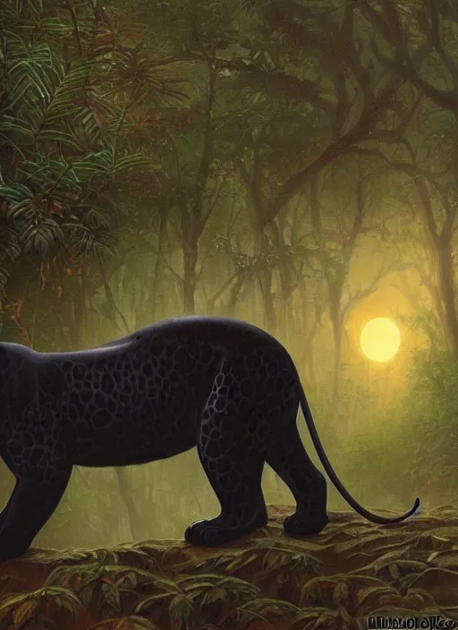 Image similar to a beautiful black jaguar waling in the jungle at night, art by christophe vacher