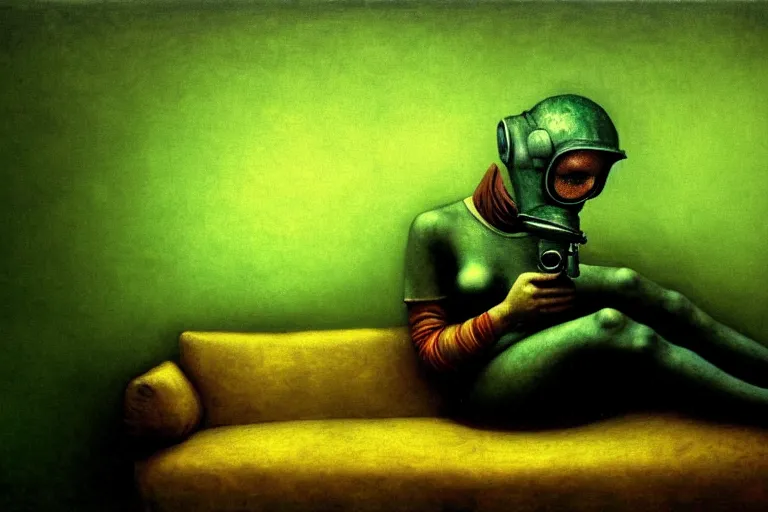 Image similar to girl with wearing a gas mask lying on the sofa reading a book in her room, in the style of beksinski, naturecore, atmospheric, intricate and epic composition, green by caravaggio, insanely quality, highly detailed, masterpiece, white light, artstation, 4 k