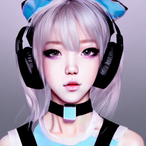 Image similar to realistic detailed semirealism beautiful gorgeous cute Blackpink Lalisa Manoban white hair white cat ears blue eyes, wearing black camisole maid outfit, headphones, black leather choker full HD 4K high resolution quality WLOP, Aztodio, Taejune Kim, Guweiz, Pixiv, Instagram, Artstation