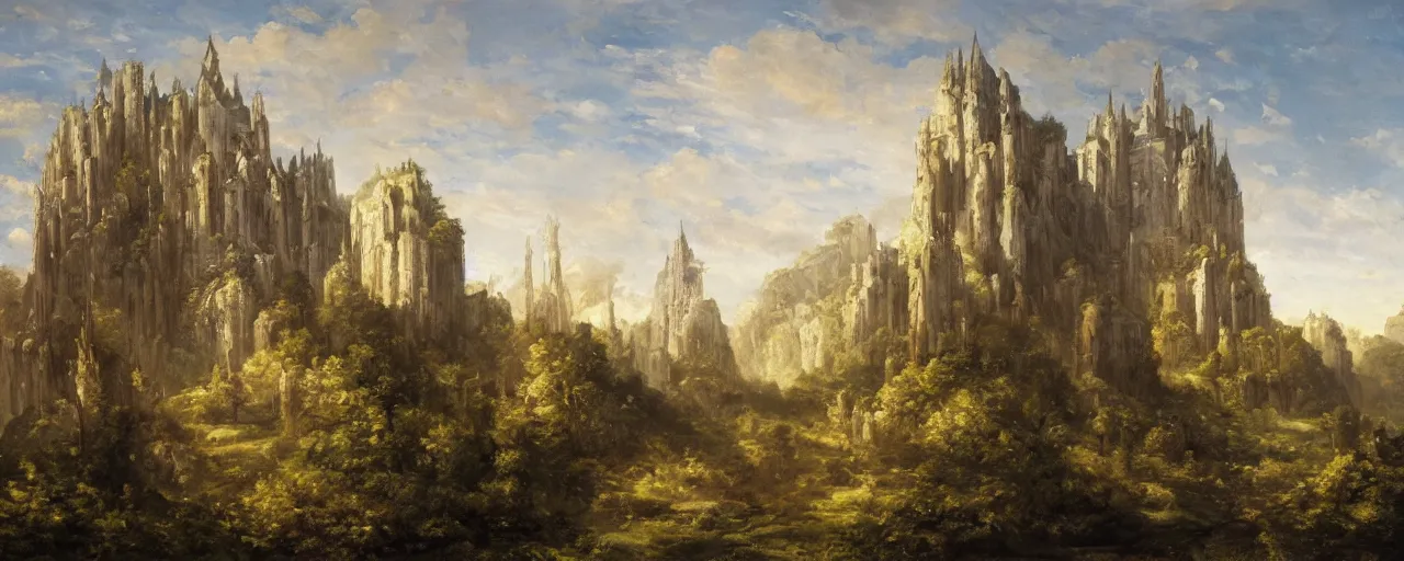 Prompt: white monastery with large tower upon sheer lime cliffs, a ray of sun illuminating, vast forest in the foreground, oil painting, high fantasy, extremely detailed