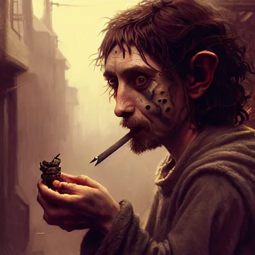 Image similar to Drug addict hobbit with crazy eyes smoking in a dark alley, ultra realistic, concept art, intricate details, dark, highly detailed, photorealistic, octane render, 8k, unreal engine, art by artgerm and greg rutkowski and alphonse mucha