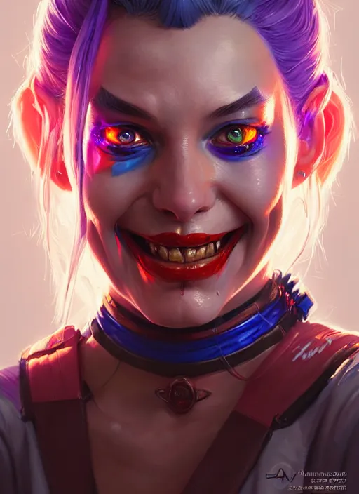 Image similar to portrait of apex legends harley quinn, intricate, elegant, glowing lights, highly detailed, digital painting, artstation, glamor pose, concept art, smooth, sharp focus, illustration, art by artgerm and greg rutkowski, artey freytag