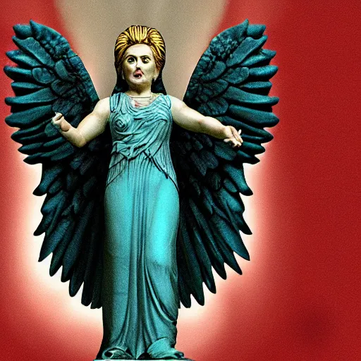 Image similar to hillary clinton is the goddess hera, she is angry, scowling, standing on a thunderhead,