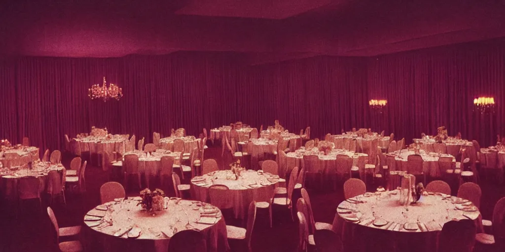 Image similar to a phantom hovers inside of a banquet hall. dramatic soft color lighting ( 1 9 8 4 ).