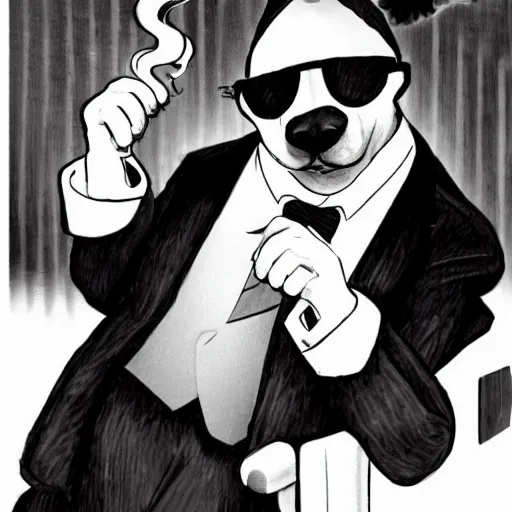 Image similar to A dog dressed as a mob boss smokes a cigar